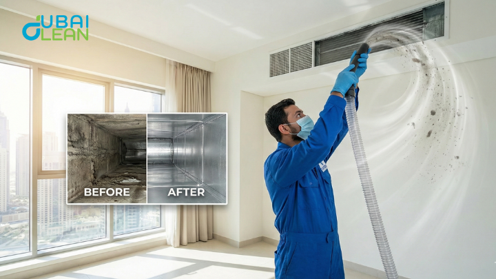 Professional HVAC technician cleaning air conditioning ducts in a Dubai home
