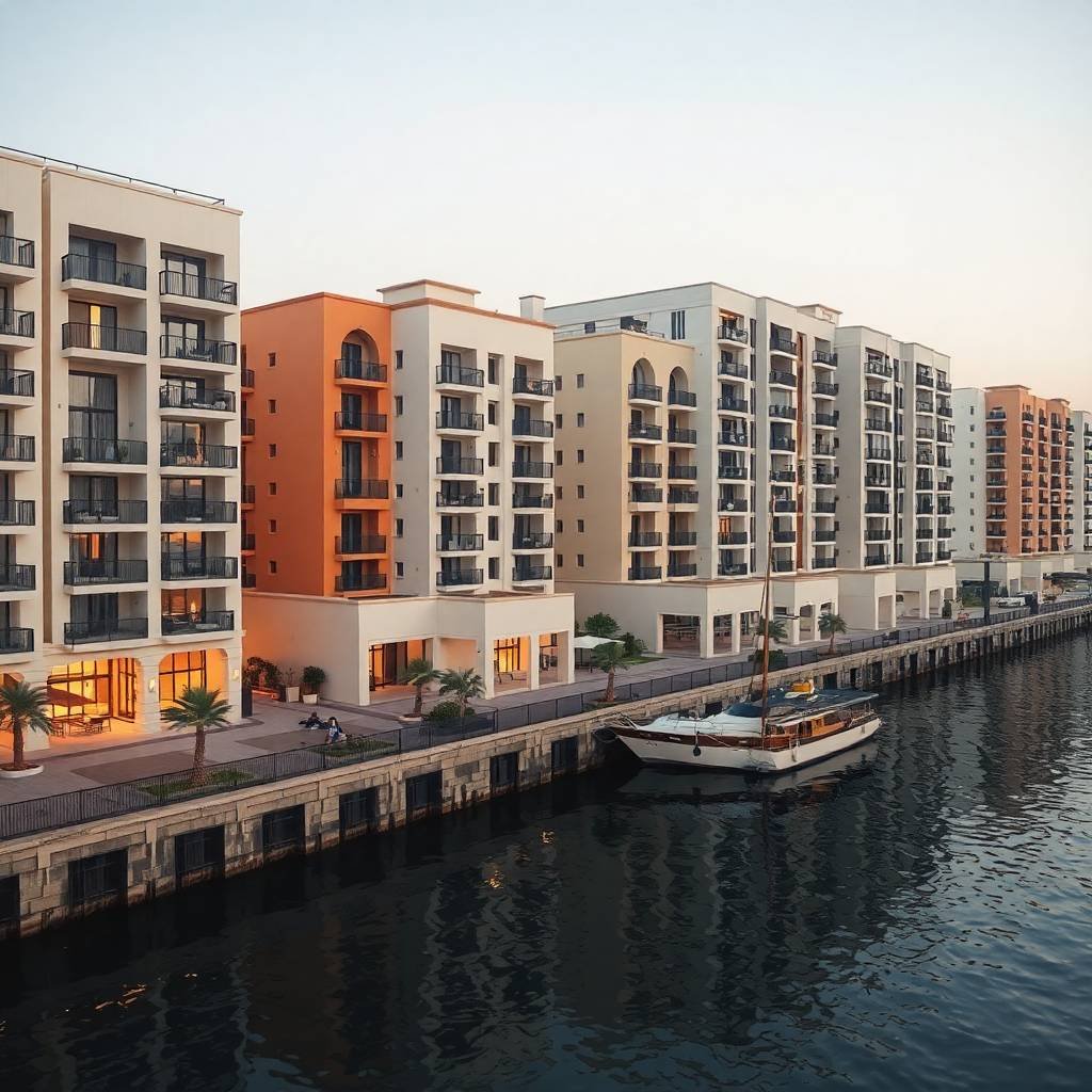 a photograph of luxury residential places in dubai creek harbour, soft pastel colors, high contrast, low key lighting, gentle and soothing, deep shadows, dramatic effect