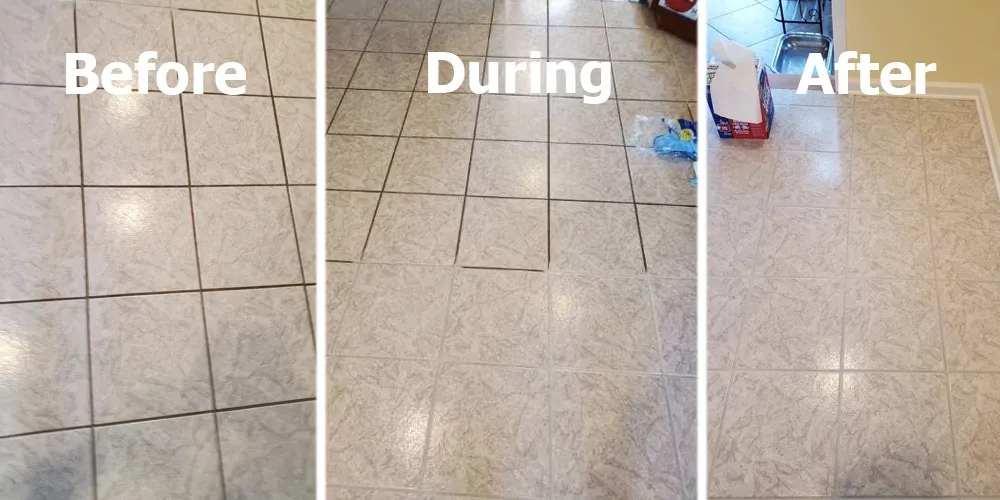 Grout cleaning in progress using a brush on tiled floor