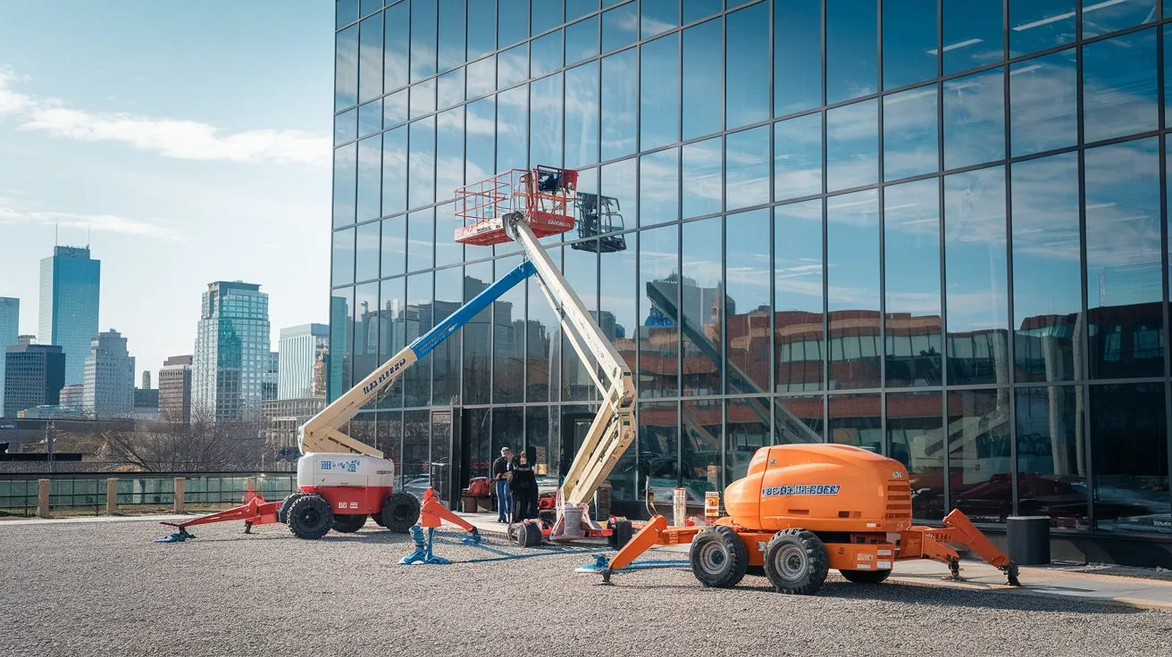 Professional window cleaners using advanced equipment to clean high-rise office windows