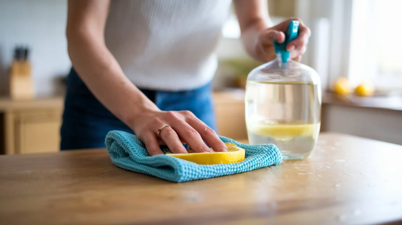 Person wiping a table with a reusable cloth, showcasing sustainable cleaning practices: cleaning for a greener home.