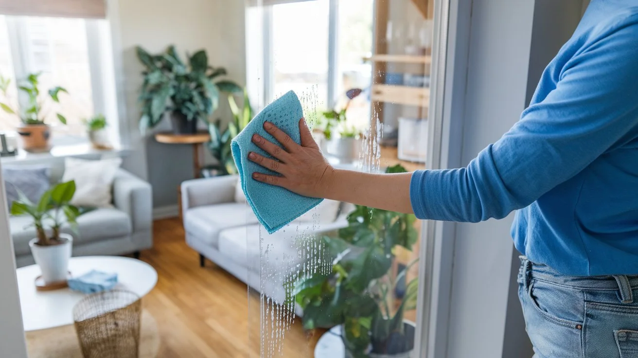 Woman cleaning a mirror with eco-friendly cleaning spray and a reusable cloth, showcasing the hidden benefits of sustainable cleaning practices.