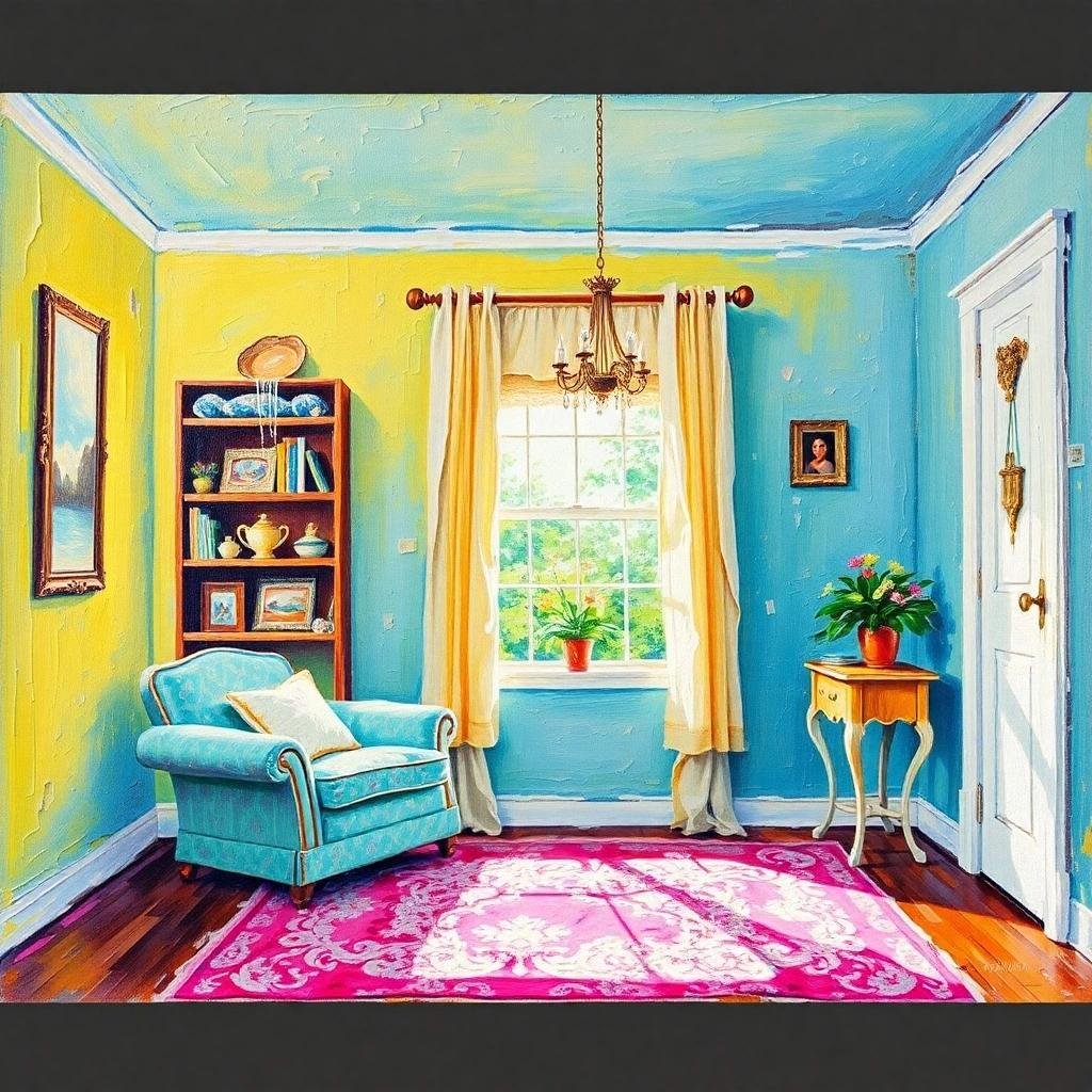a bright vibrant classic oil painting depicting how regular home cleaning improves indoor air quality, rich textures, visible brushstrokes, and a lively energetic feel