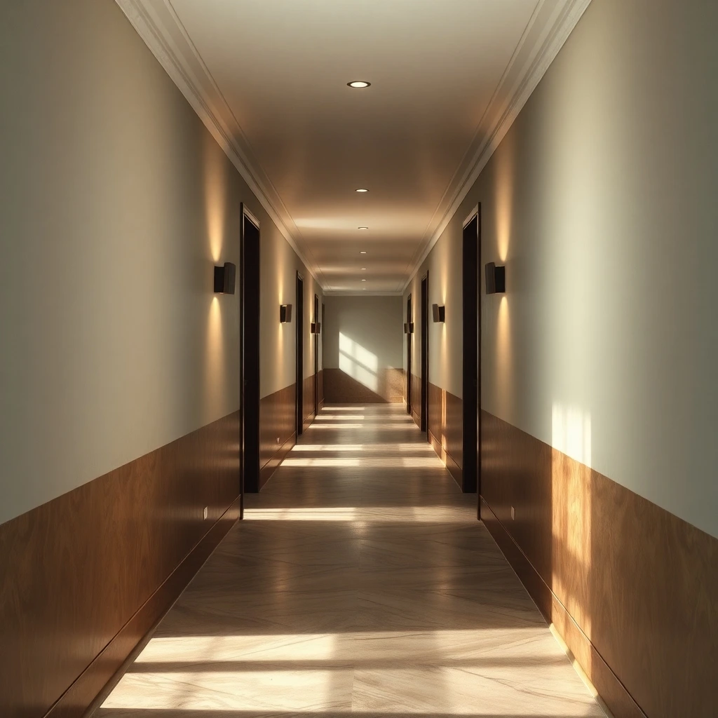 a hallway and corridor painting with a cast bronze surface, soft dreamy atmosphere, gentle soft light, diffused shadows, subtle illumination, hazy soft light, antique patina finish