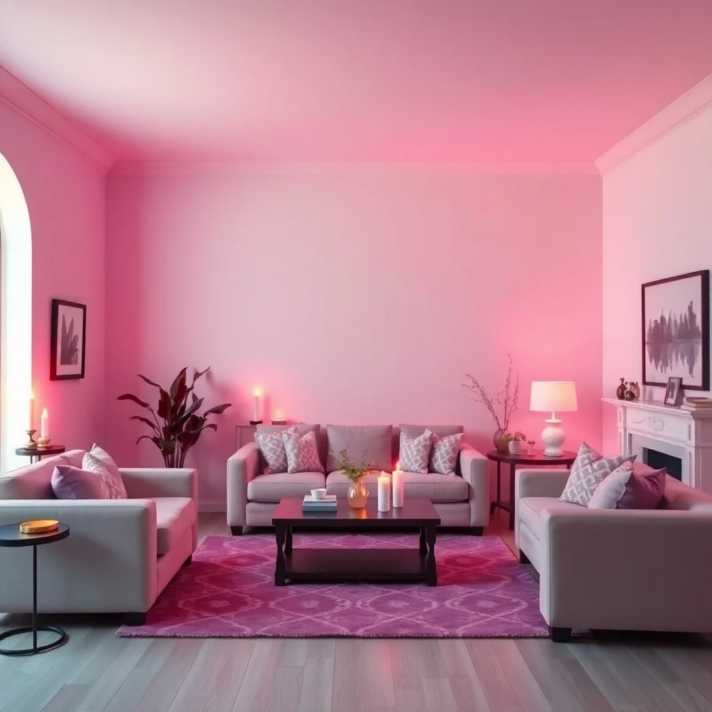 a living room painted light gray, pure white, and bubble gum pink, illuminated by warm candlelight; deep ultraviolet hues; high contrast, flickering flames, warm glow