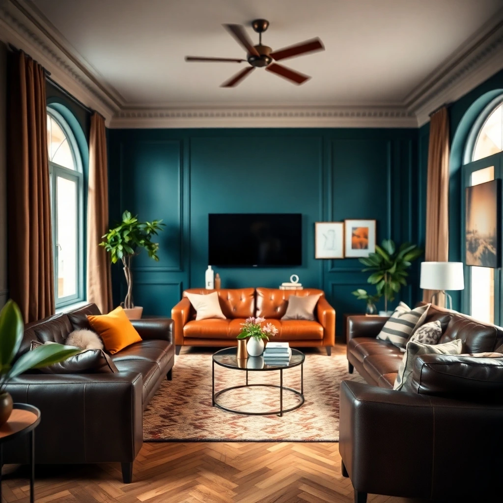 a living room with warm grey, dark teal, and rich leather paint, vibrant complementary colors, blurred bokeh effect, sharp focus on the main subject, soft background, balanced contrasting tones