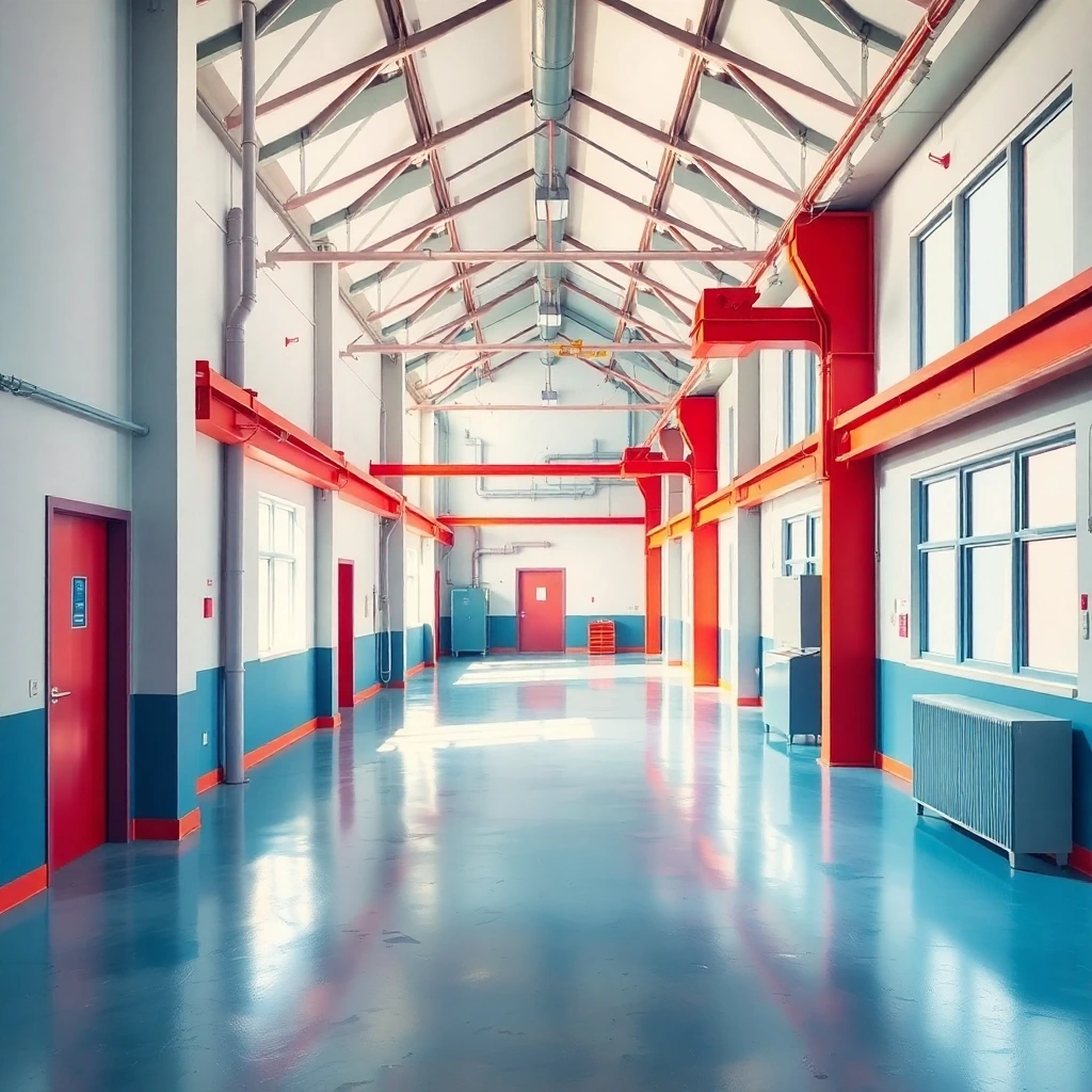 a neatly painted industrial interior depicted in an intricate origami style, bright and vibrant, with a folded paper look and geometric precision, conveying a lively and energetic atmosphere