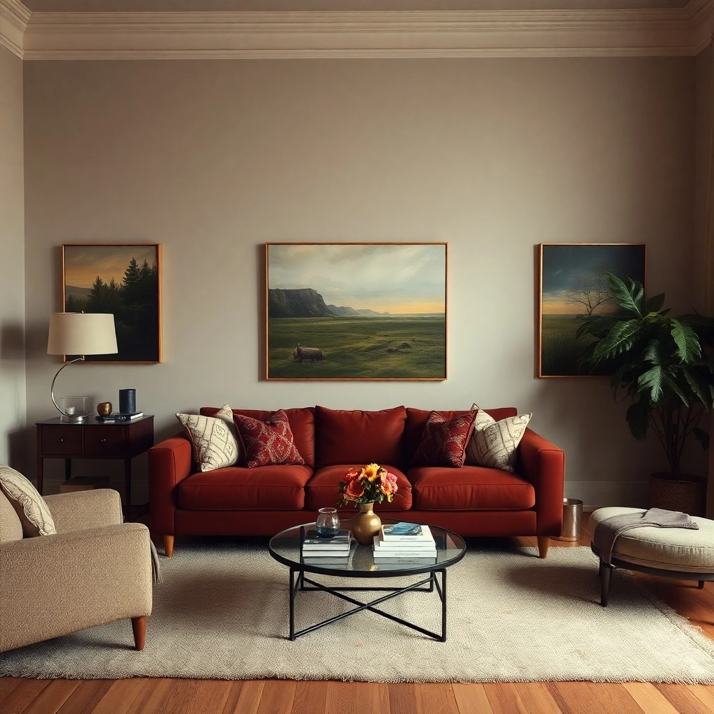 a professional, moody, low contrast photograph of living room paintings in a soft, warm style, reminiscent of associated press editorial photography, capturing the best color shades for a living room.