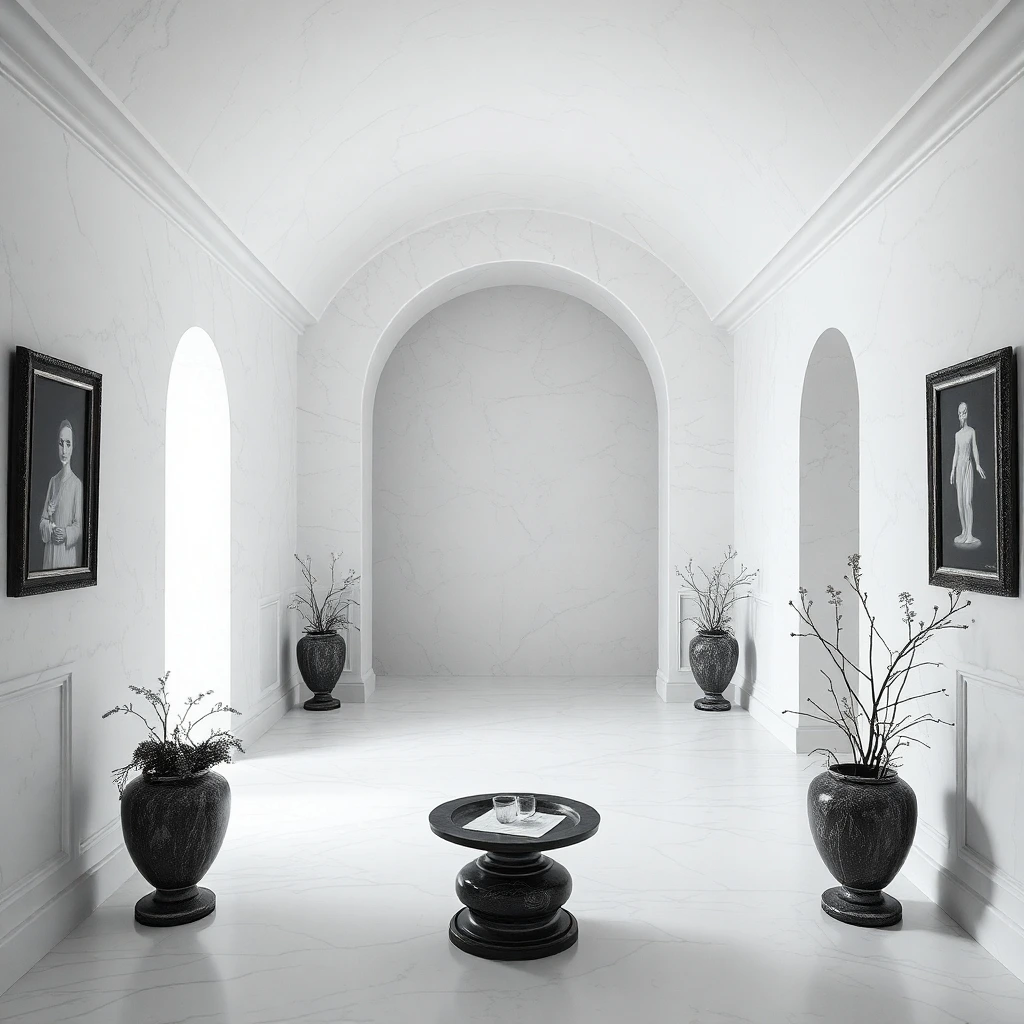 ethereal spiritual vibe, classic black and white; polished plaster walls exuding timeless elegance, light aura, mystical feeling