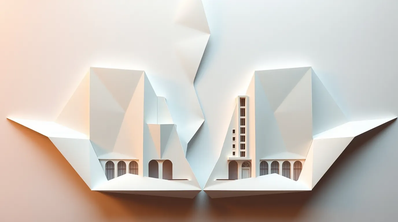 intricate origami style image of a high end dubai hotel with a distinctly split, divided design, featuring folded paper aesthetics, geometric precision, and bold areas
