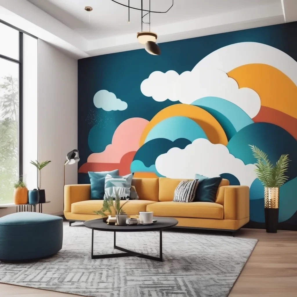 Amazing overlapping colors on the wall consist of blue, yellow, navy, white, and pink. 