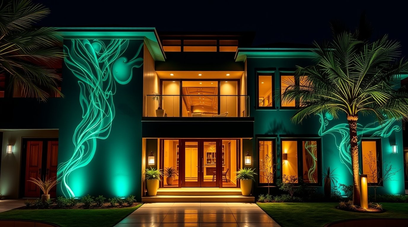 rich deep teal creative light art depicting best time to paint your house exterior in dubai expert guide 2025 uses artistic lighting abstract patterns luxurious vibrant aesthetics