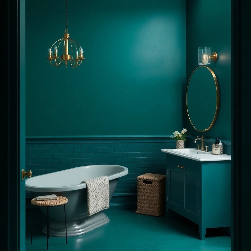 rich deep teal moisture resistant bathroom paint, luxurious vibrant color, smooth surface texture