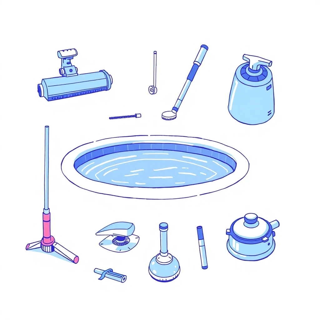 a hand drawn sketch of swimming pool cleaning accessories in cool colors, predominantly blues, greens, and purples, executed in a sketchnote style