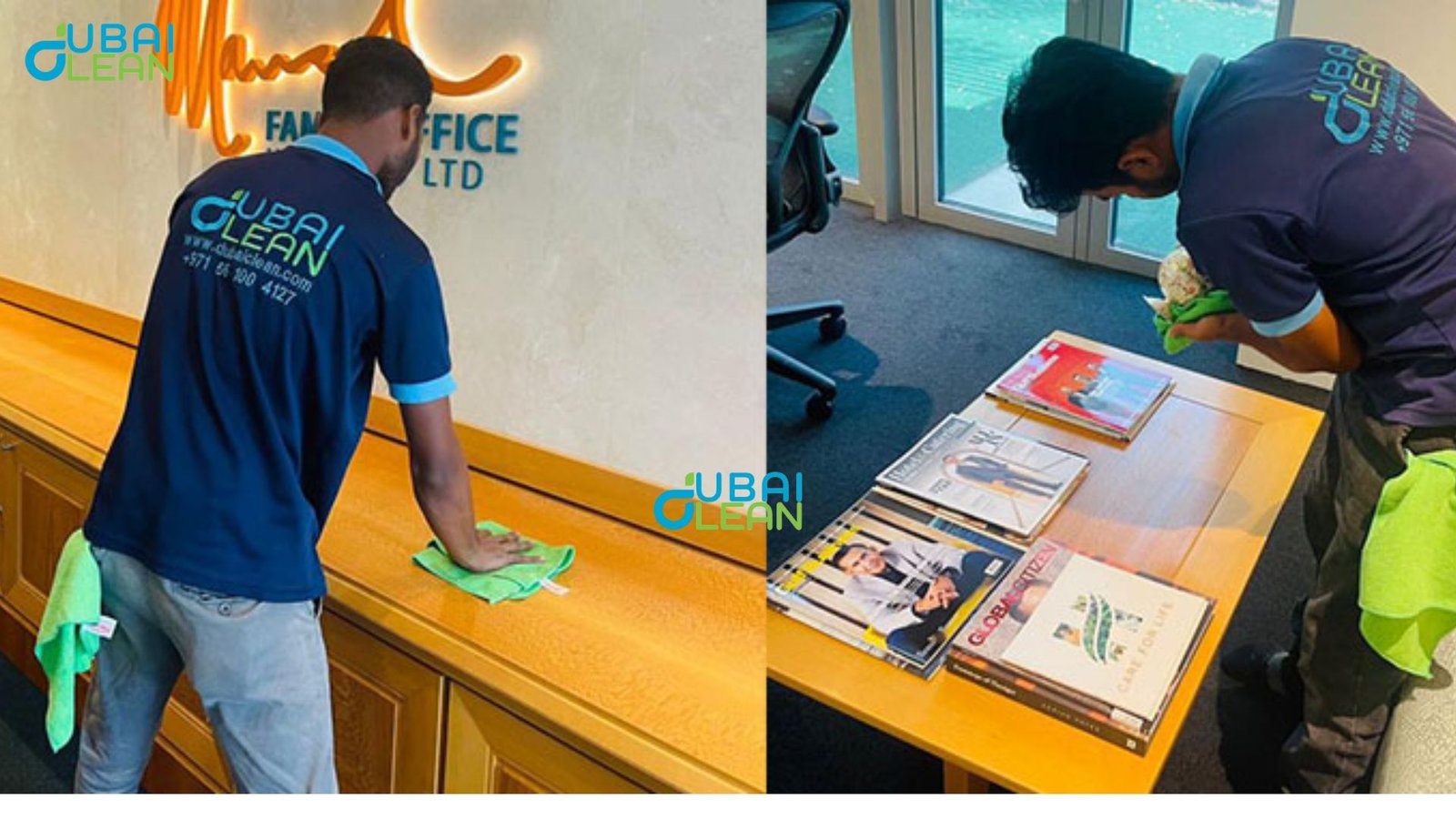 Commercial regular office cleaning team working in modern Dubai office space