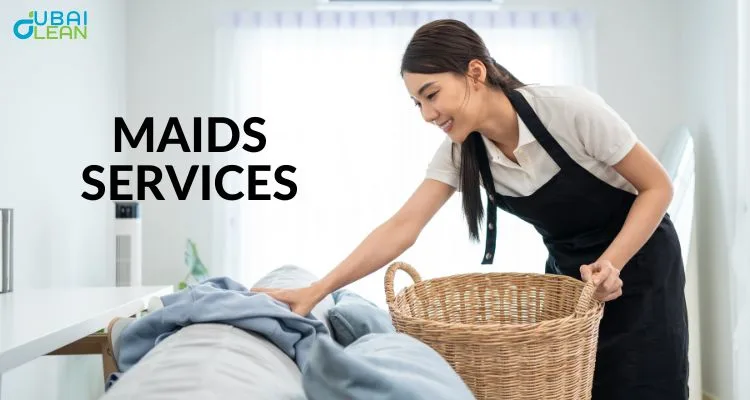 Professional female maid cleaning a modern living room in Sharjah with cleaning supplies and equipment