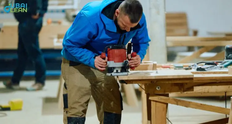 Skilled carpenter using precision tools in modern carpentry workshop Dubai