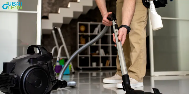 Modern floor cleaning machine operating on elegant marble flooring in Dubai home showing streak-free professional cleaning results