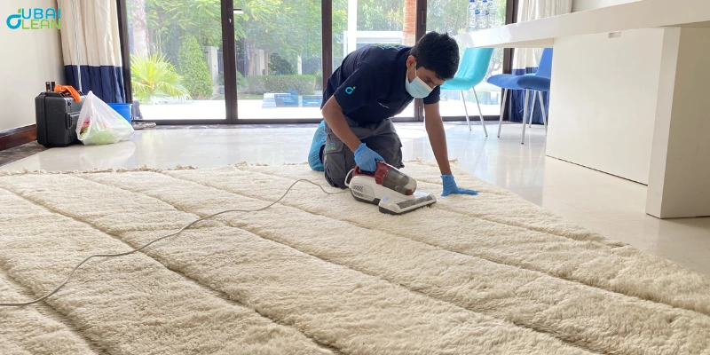Professional cleaner using modern equipment for carpet cleaning services in a residential living room.