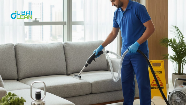 cleaning machine on fabric sofa