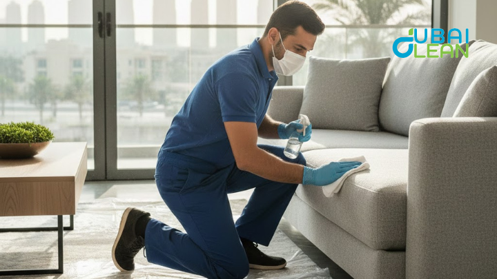 Checking sofa fabric before cleaning